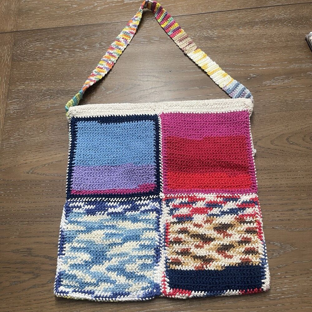 Boho Patchwork Sunflower Knit Bag Large Multicolo… - image 2